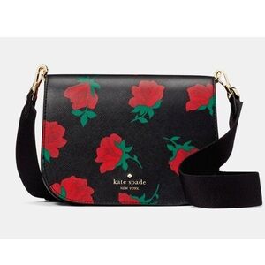 New Kate Spade Madison Rose Toss Printed Saddle Bag Crossbody Black Multi